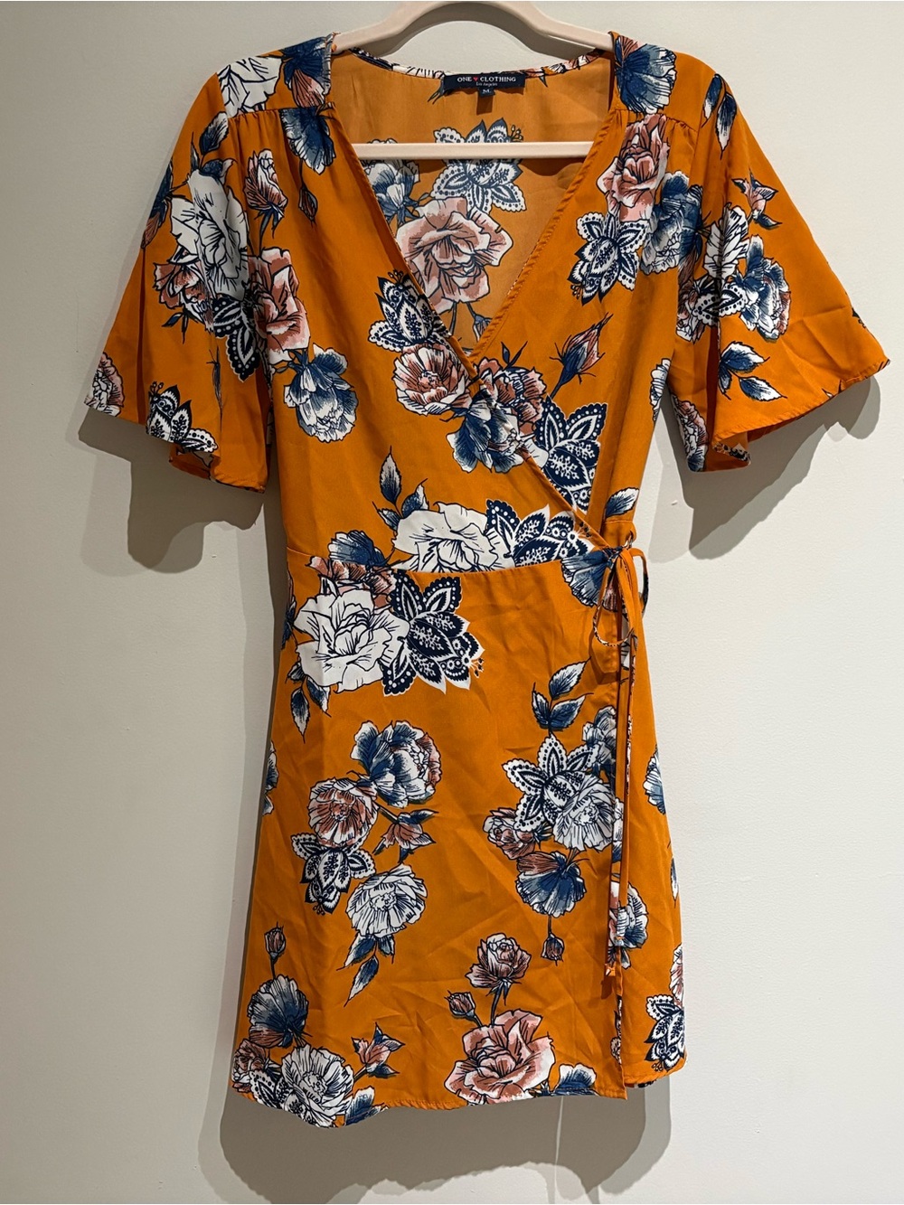 Floral Wrap Dress in Marigold with Blue and Dusty Rose Accents